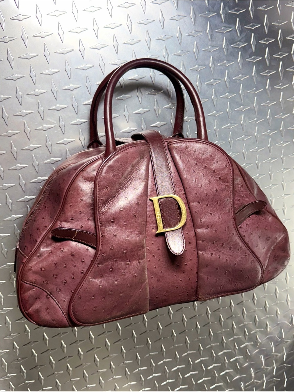 Christian Dior Vintage Ostrich Double Saddle Bowler Bag in Purple - Picture 3 of 14